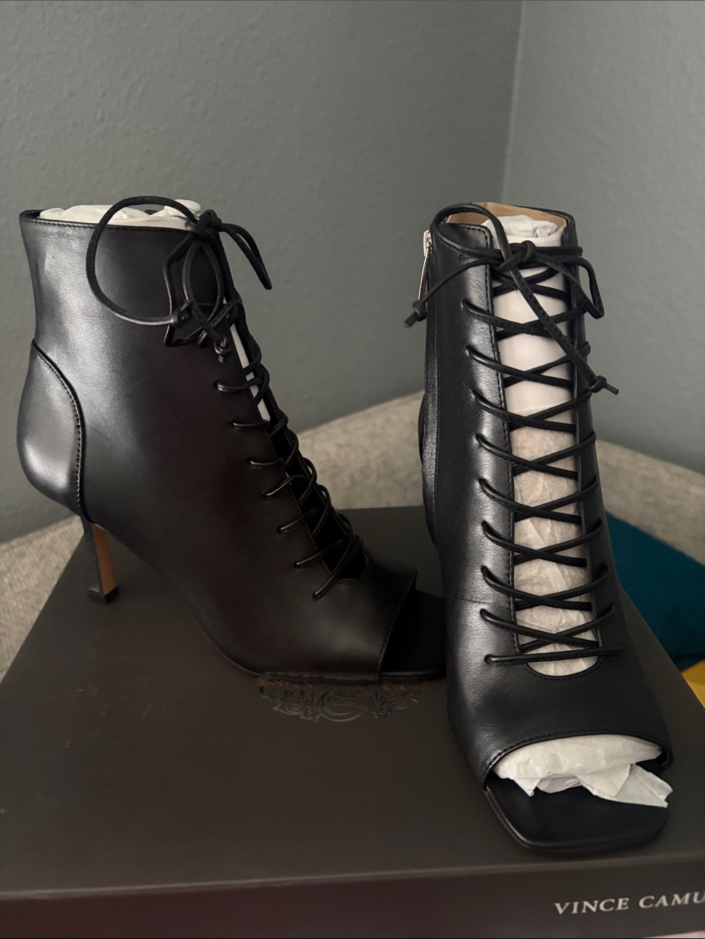 Vince Camuto Black Lace-Up Peep-Toe Ankle Booties